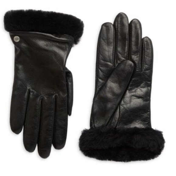 UGG Womens Shearling-Trim cuff Black leather Shorty Gloves Size Large - Picture 1 of 12